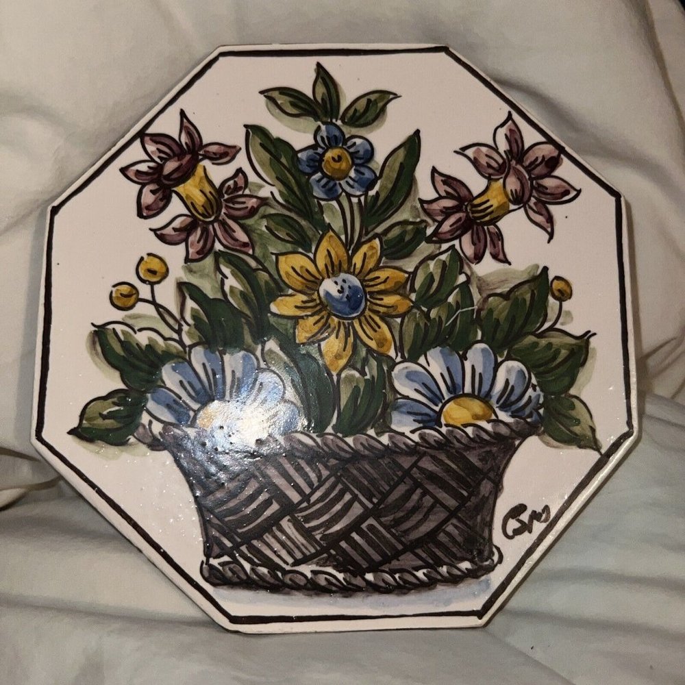 Vintage Tile Trivet flowers In Basket  Octagonal Cork Signed PERFECT 5.5"